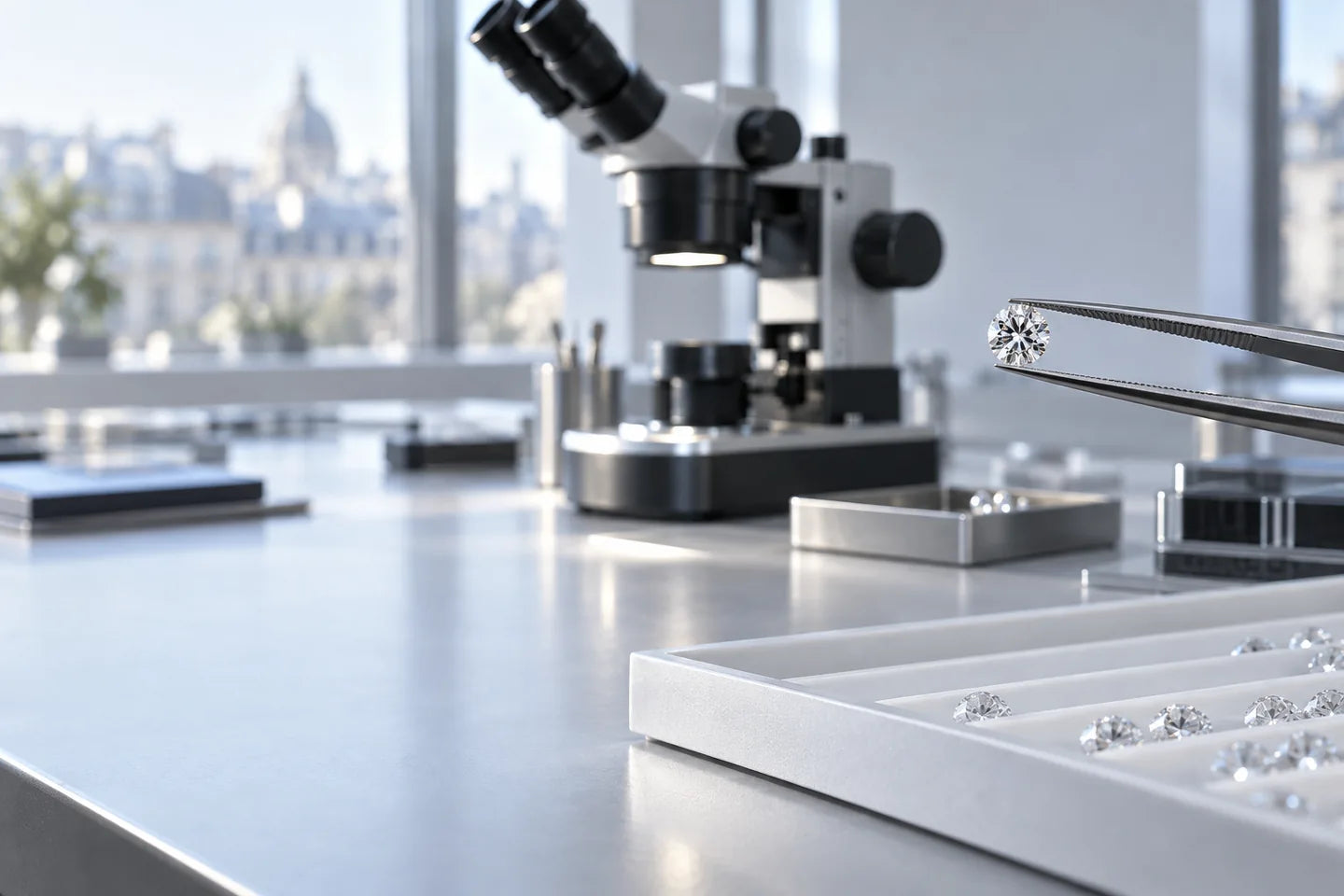 Contrôle gemmologique d’un diamant au microscope