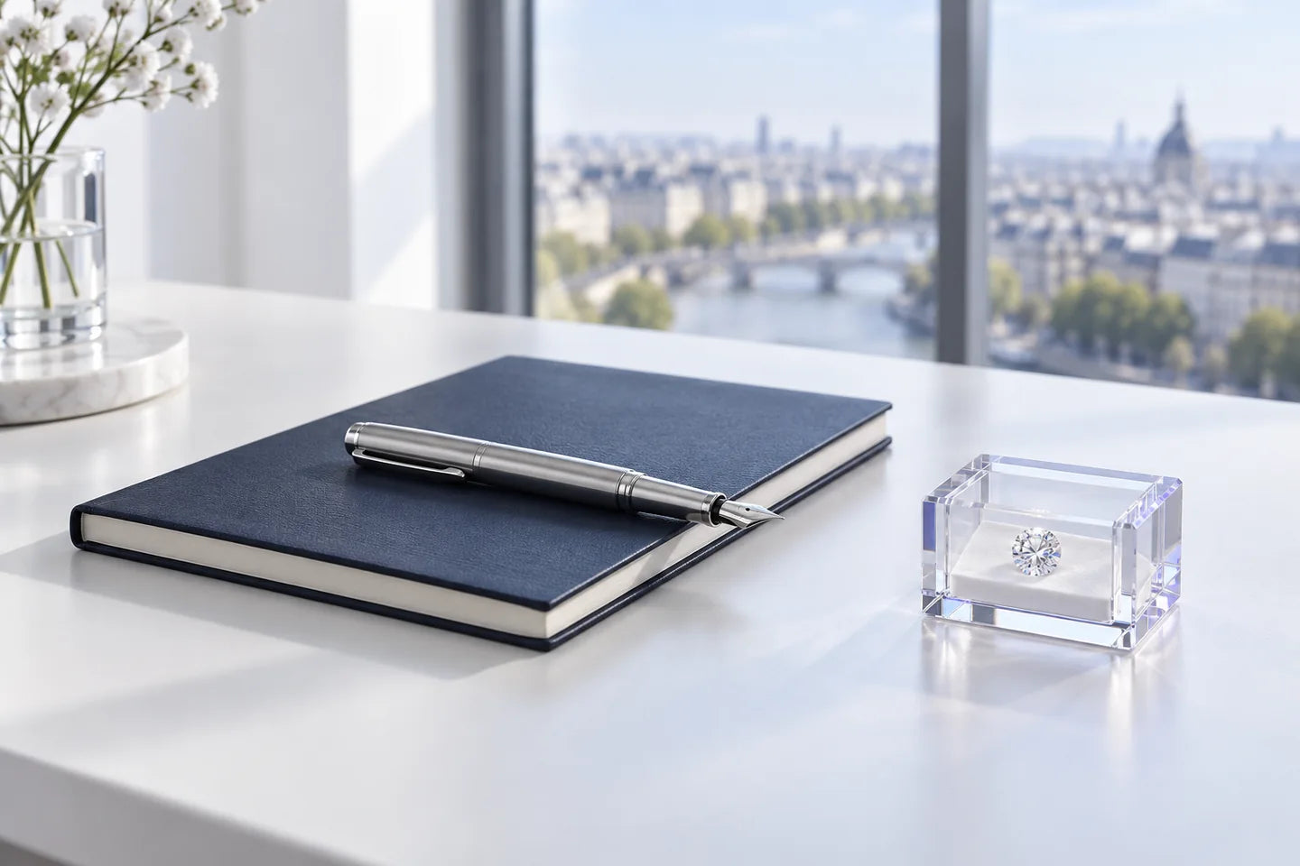 Carnet, stylo et diamant dans son écrin de présentation