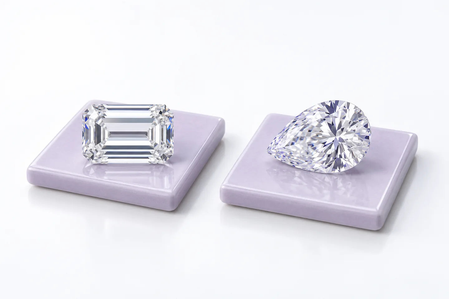 Diamants taille émeraude et poire sur des supports clairs