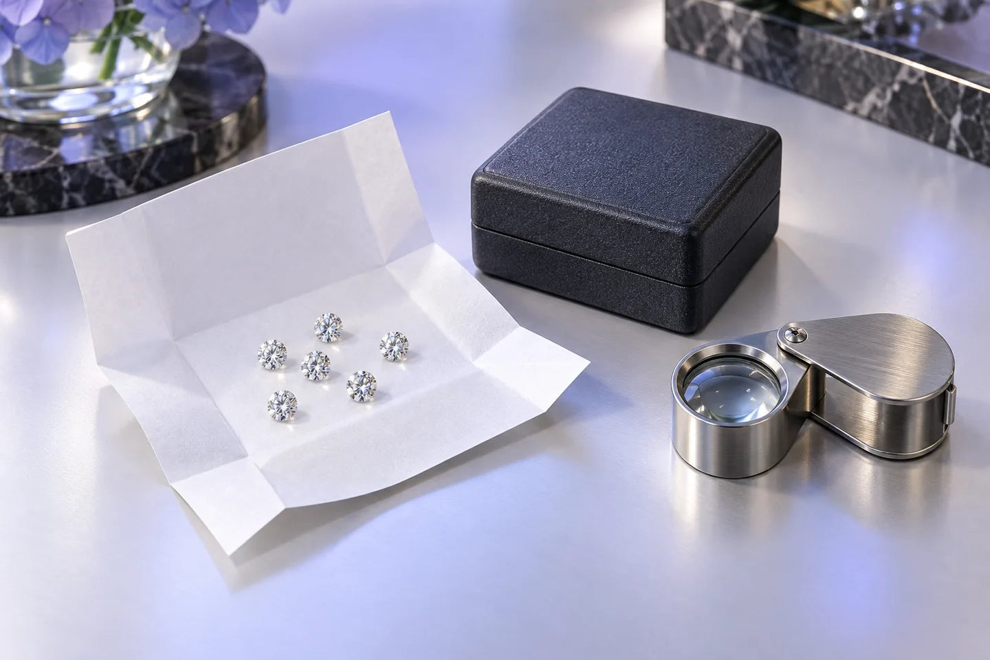Diamond parcel paper, protective box and jeweller’s loupe