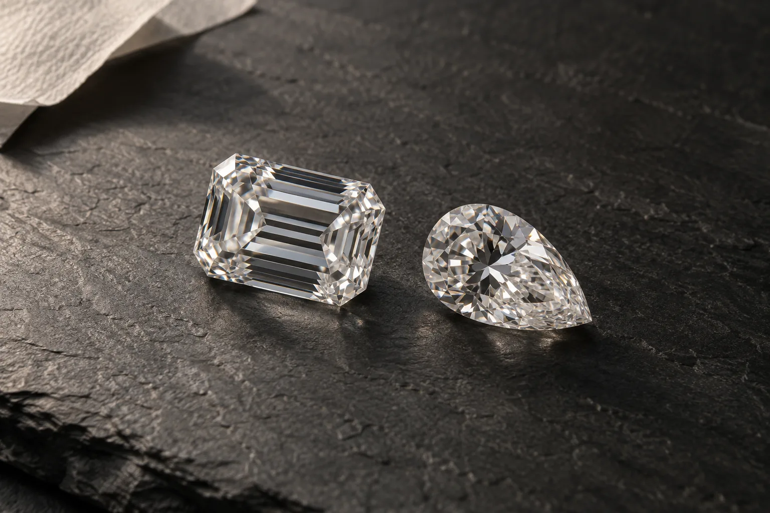 Illustration : diamants émeraude et poire sur ardoise