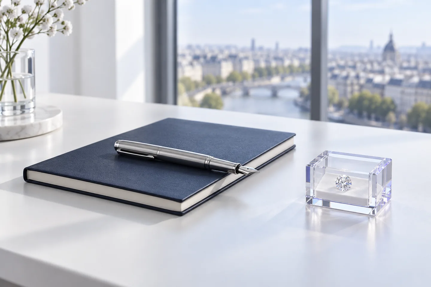 Carnet, stylo et diamant dans son écrin de présentation