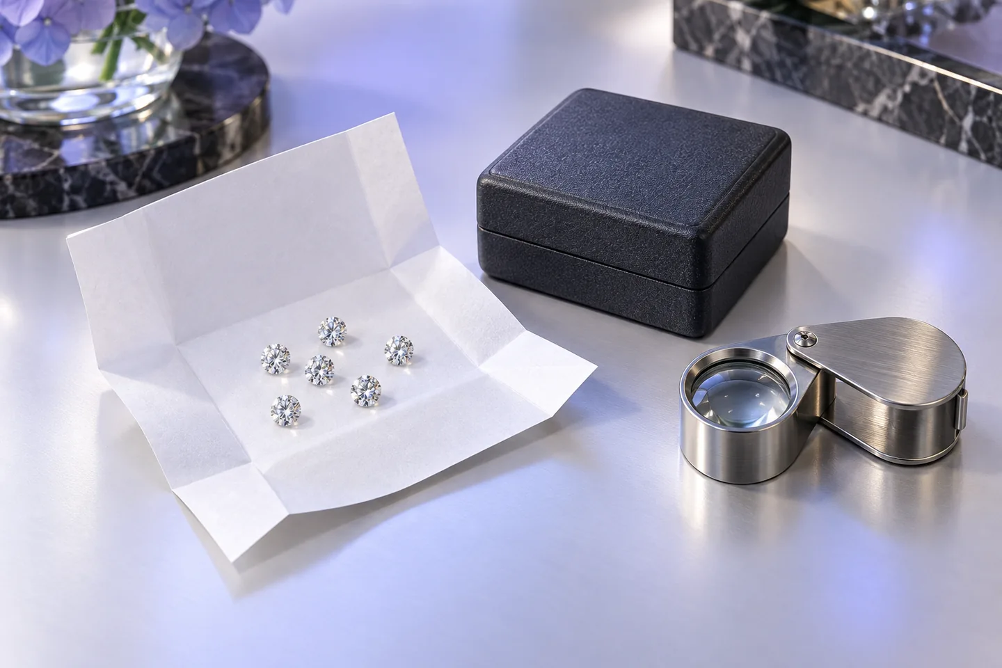 Pli de diamants, boîte de protection et loupe de joaillier